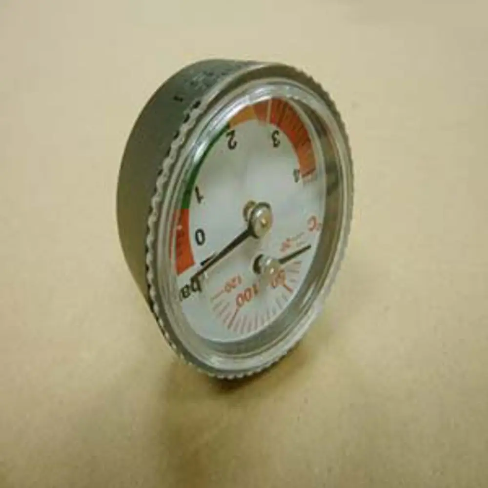 Remeha Thermomanometer mit einem Ziffernblatt, das Druckwerte anzeigt. Die Anzeige reicht von 0 bis 5 bar, um den Betriebsdruck zu überwachen.